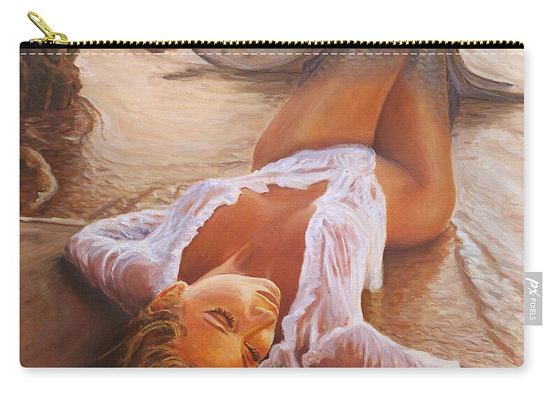 Mermaid Zip Pouch featuring the painting A mermaid in the sunset by Marco Busoni