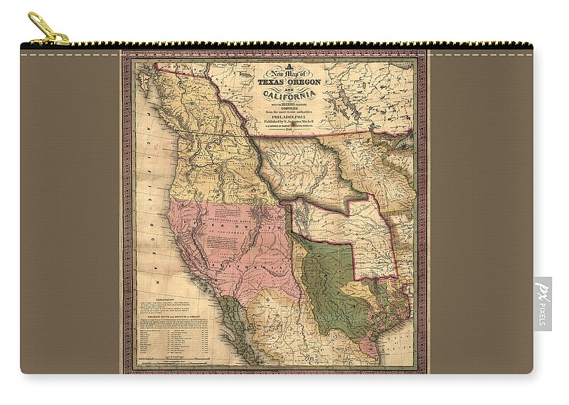 Texas Zip Pouch featuring the digital art A New Map of Texas, Oregon and California with the Regions Adjoining, 1846 by Texas Map Store