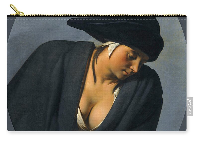 Caesar Van Everdingen Zip Pouch featuring the painting A peasant woman wearing a black hat leaning on a wooden ledge by Caesar van Everdingen