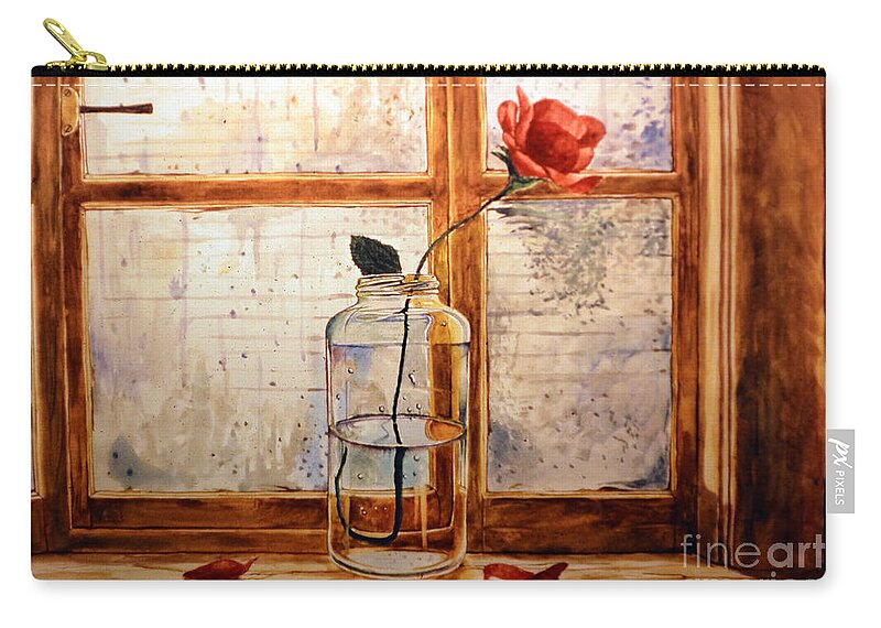 Rose Carry-all Pouch featuring the painting A rose in a glass jar on a rainy day by Christopher Shellhammer