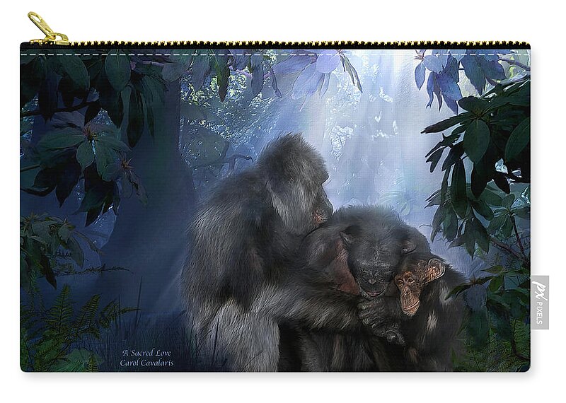 Gorilla Zip Pouch featuring the mixed media A Sacred Love by Carol Cavalaris