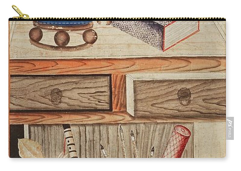 A Shelf With Pomegranates Zip Pouch featuring the painting A Shelf With Pomegranates, Flowers, Music Instrument, Brushes And A Book by Eastern Accents