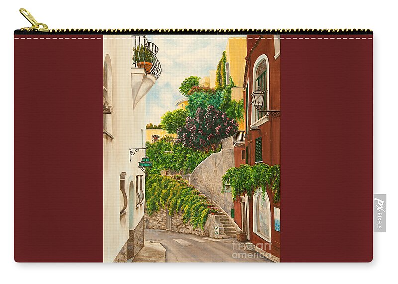Italy Street Painting Zip Pouch featuring the painting A Street in Positano by Charlotte Blanchard