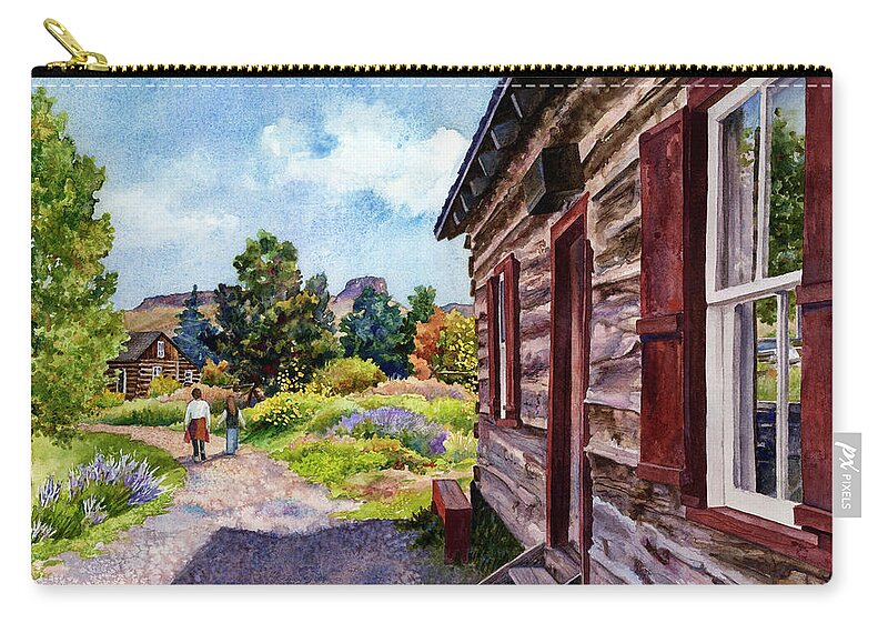 Log Cabin Painting Zip Pouch featuring the painting A Stroll Through Time by Anne Gifford