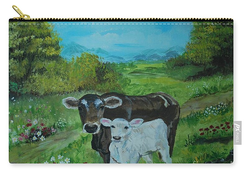 Cow Zip Pouch featuring the painting A Tender Love by Leslie Allen