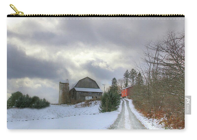 Barn Zip Pouch featuring the photograph A Touch of Snow by Sharon Batdorf