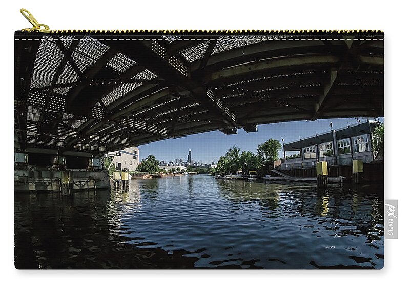 Chicago River Zip Pouch featuring the photograph A view of Chicago from under the division street bridge by Sven Brogren