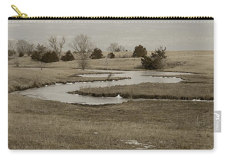 Creek Zip Pouch featuring the photograph A Winding Creek in Winter as Geese Fly Overhead by Art Whitton