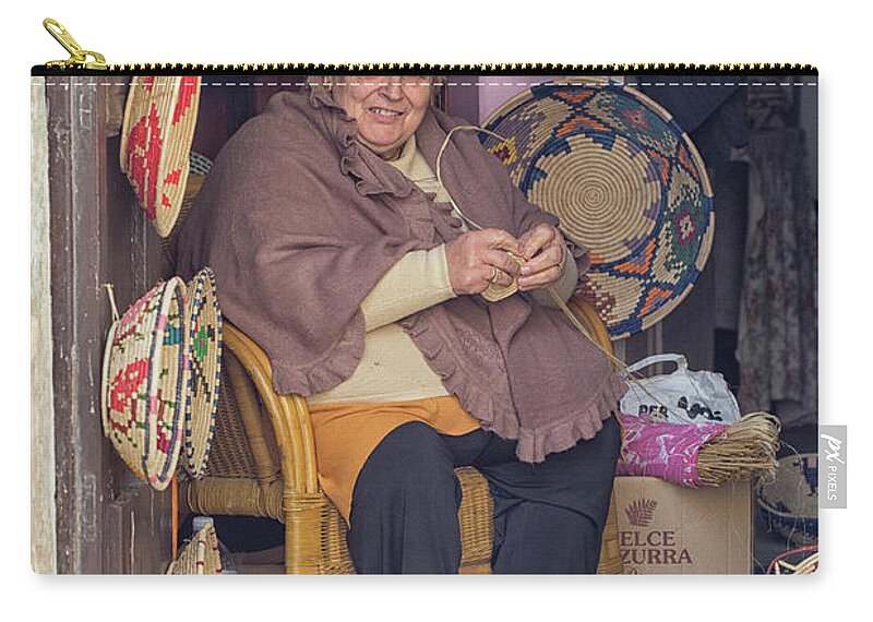 Adult Zip Pouch featuring the photograph A woman weaving baskets in Castelsardo by Patricia Hofmeester