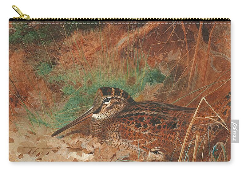 Woodcock Zip Pouch featuring the painting A Woodcock and Chick in Undergrowth by Archibald Thorburn