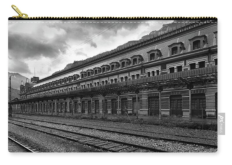 Canfranc Zip Pouch featuring the photograph Abandoned Canfranc international railway station BW by RicardMN Photography