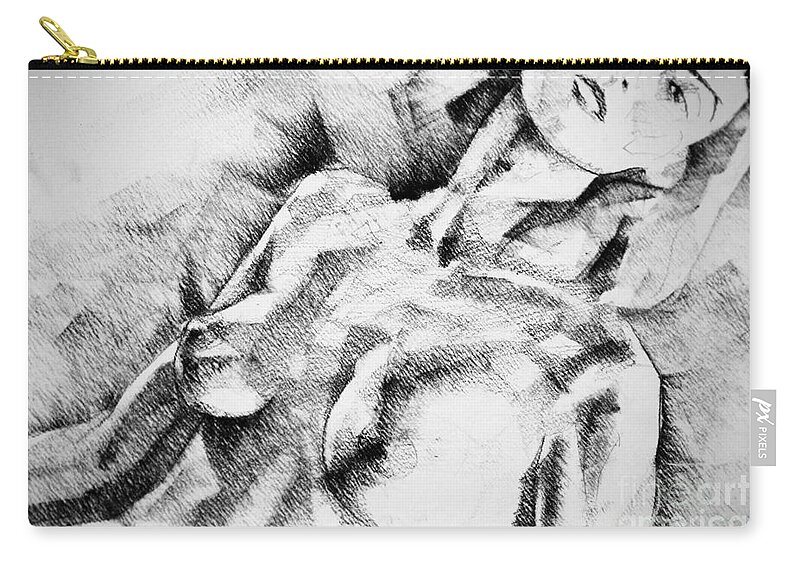 Drawing Zip Pouch featuring the drawing Abstract Girl Portrait Drawing by Dimitar Hristov