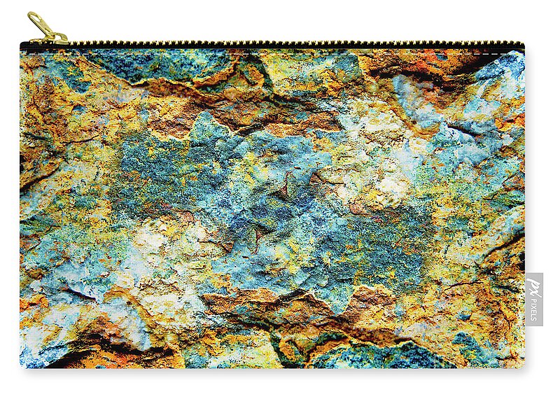 Stone Zip Pouch featuring the photograph Abstract Nature Tropical Beach Rock Blue Yellow and Orange Macro Photo 472 by Ricardos Creations