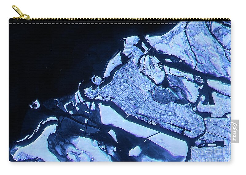 Abu Dhabi Zip Pouch featuring the digital art Abu Dhabi Abstract City Map Satellite Image Blue Detail by Frank Ramspott