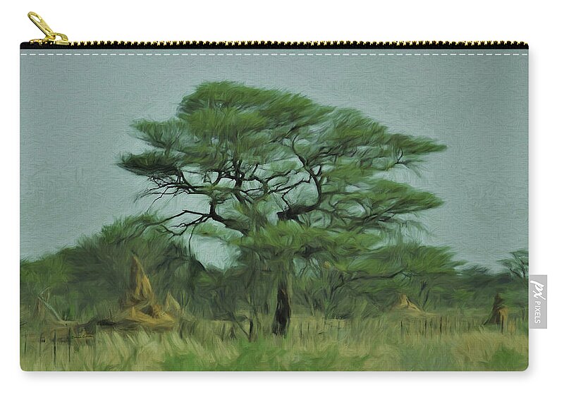 Africa Zip Pouch featuring the digital art Acacia tree and Termite hills by Ernest Echols