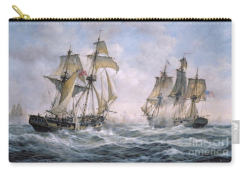 Seascape; Ships; Sail; Sailing; Ship; War; Battle; Battling; United States; Wasp; Brig Of War; Frolic; Sea; Water; Cloud; Clouds; Flag; Flags; Sloop; Action; Wave; Waves Zip Pouch featuring the painting Action Between U.S. Sloop-of-War 'Wasp' and H.M. Brig-of-War 'Frolic' by Richard Willis