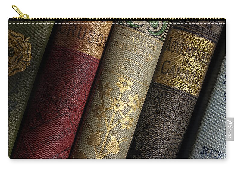 Vintage Books Zip Pouch featuring the photograph Adventures On The Shelf by Mike Eingle