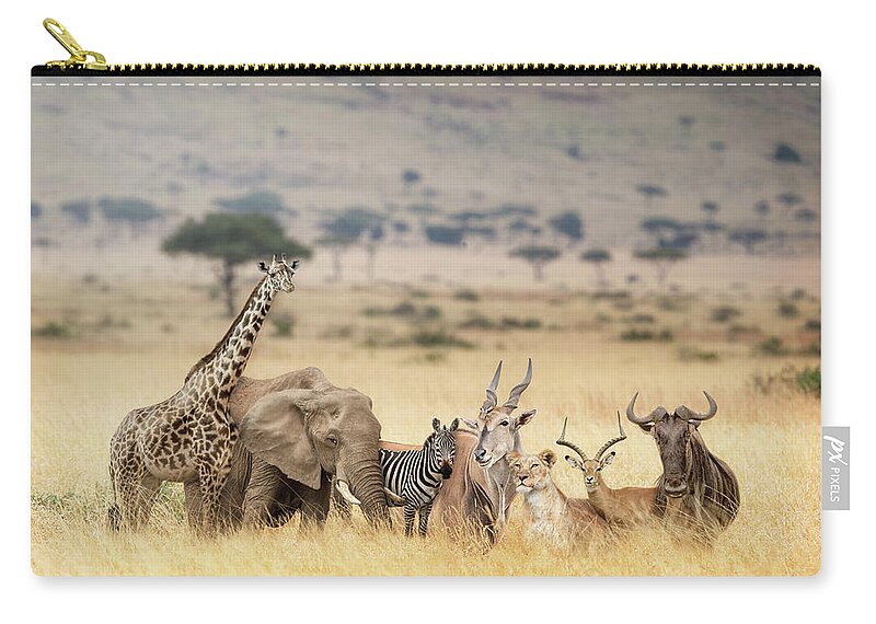 Masai Mara Zip Pouch featuring the photograph African Safari Animals in Dreamy Kenya Scene by Good Focused
