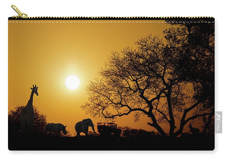 Woodlands Zip Pouch featuring the photograph African Sunset Silhouette With Copy Space by Good Focused
