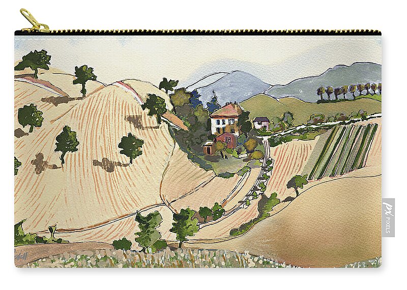 Italian Landscape Zip Pouch featuring the painting Agricolo Mosaic - Frontino by Joan Cordell