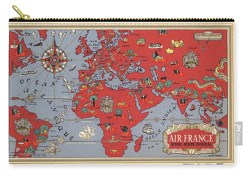 Air France Zip Pouch featuring the mixed media Air France - Vintage Illustrated Map of the World by Lucien Boucher - Cartography by Studio Grafiikka