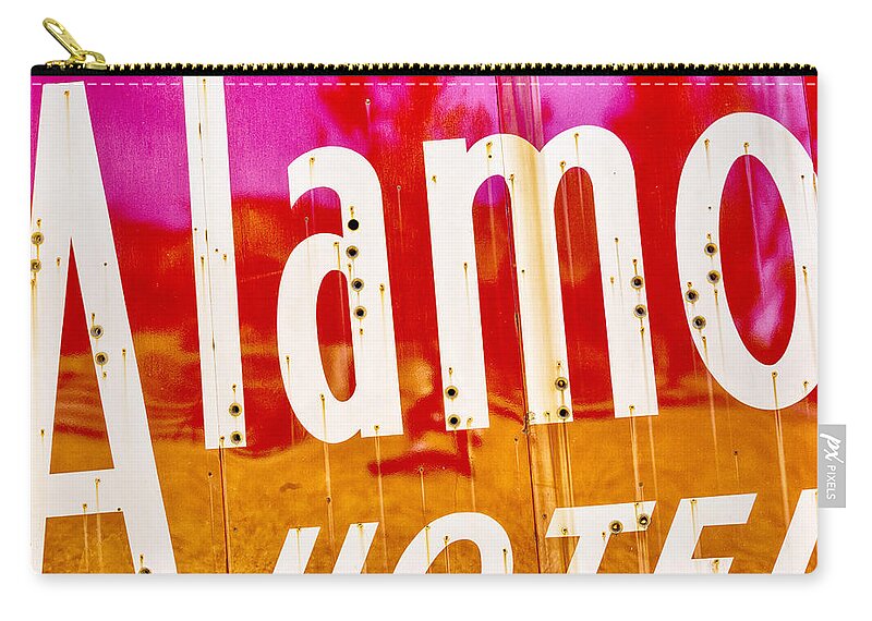 Alamo Zip Pouch featuring the photograph Alamo Hotel Sign Abstract by Stephen Stookey