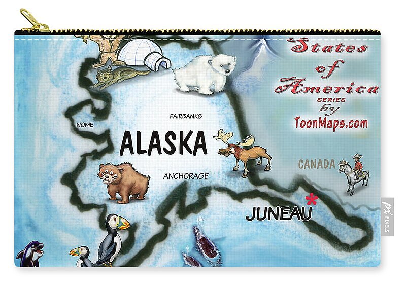 Alaska Carry-all Pouch featuring the digital art Alaska Fun Map by Kevin Middleton
