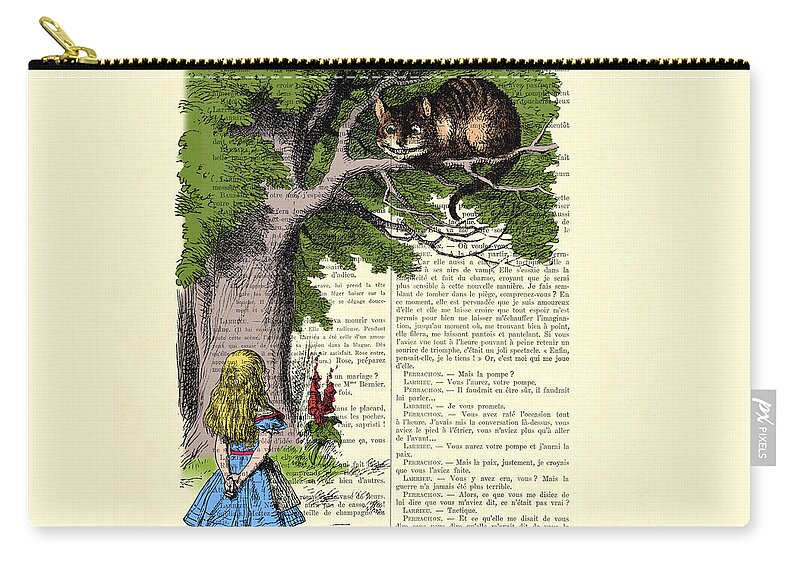 Alice In Wonderland Zip Pouch featuring the digital art Alice in wonderland and cheshire cat by Madame Memento