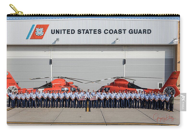 Us Coast Guard Air Station New Orleans All Hands Unit Photo Shoot Zip Pouch featuring the photograph All Hands Unit Photo with Flags wm by Gregory Daley MPSA