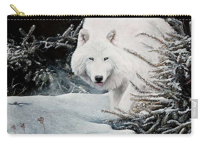 Arctic Wolf Zip Pouch featuring the painting Alone On The Path by David Vincenzi