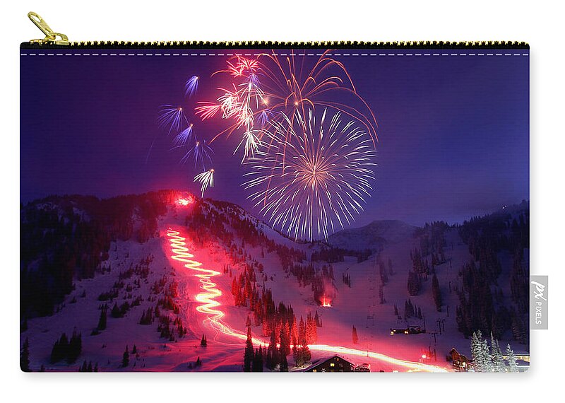 Alta Ski Utah Torchlight Fireworks Celebration Birthday Carry-all Pouch featuring the photograph Alta Ski Area 75th Birthday Celebration by Brett Pelletier