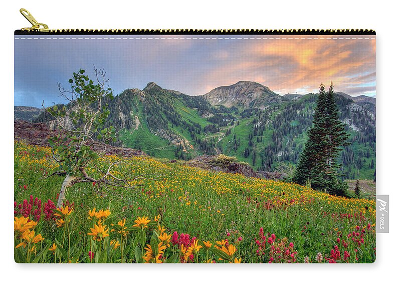 Wildflower Carry-all Pouch featuring the photograph Alta Wildflowers and Sunset by Brett Pelletier