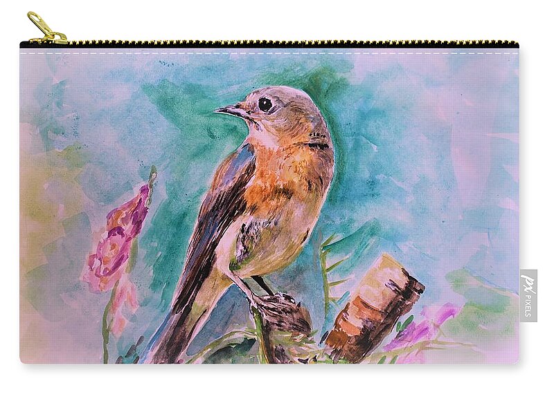 Bird Zip Pouch featuring the painting American blue bird by Khalid Saeed