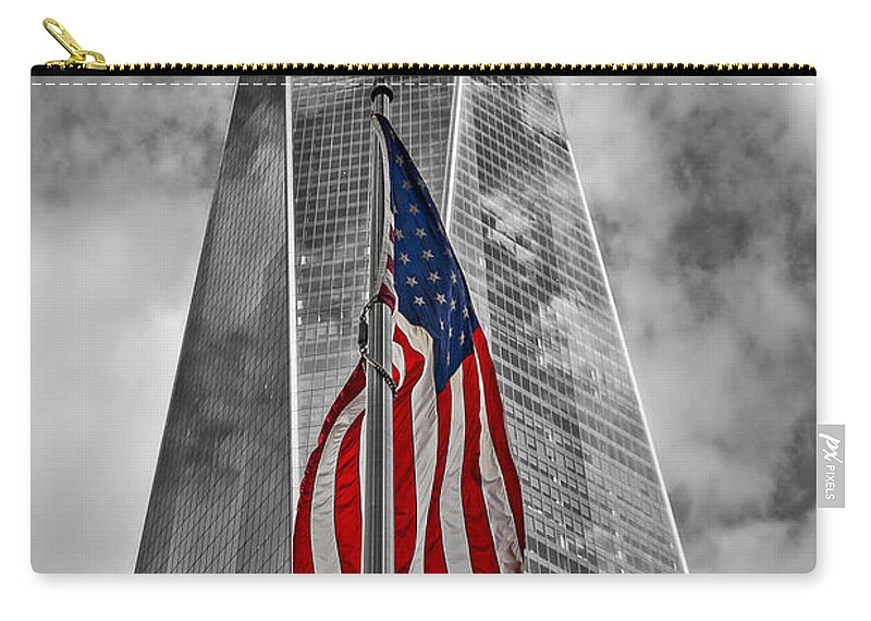 One World Trade Center Zip Pouch featuring the photograph American Flag At World Trade Center WTC BW by Susan Candelario