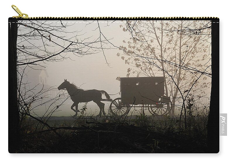 Amish Zip Pouch featuring the photograph Amish Buggy Foggy Sunday by David Arment