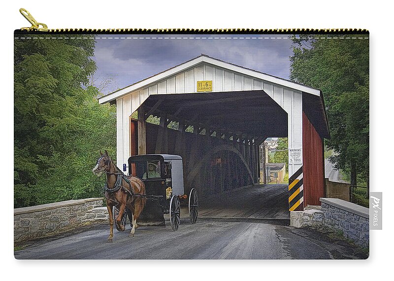 Art Zip Pouch featuring the photograph Amish Buggy with covered bridge by Randall Nyhof