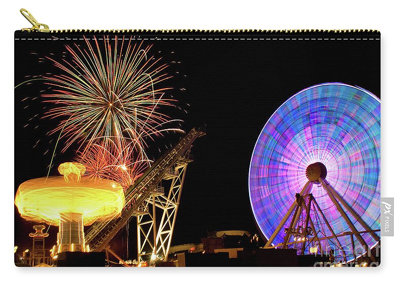Collage Zip Pouch featuring the photograph Amusemant Pier in Wildwood New Jersey with Colorful Firework Explosions by Anthony Totah