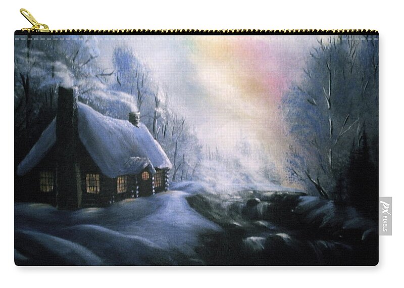 Alaska Alaskan Christmas Winter Cabin Scenery Zip Pouch featuring the painting An Alaskan Night by Verna Coy