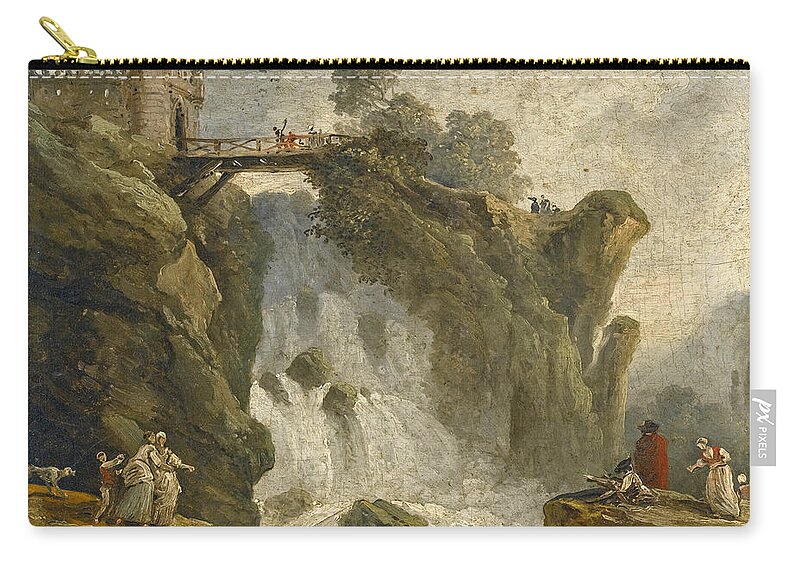 Hubert Robert Zip Pouch featuring the painting An Artist sketching with other Figures beneath a Waterfall by Hubert Robert