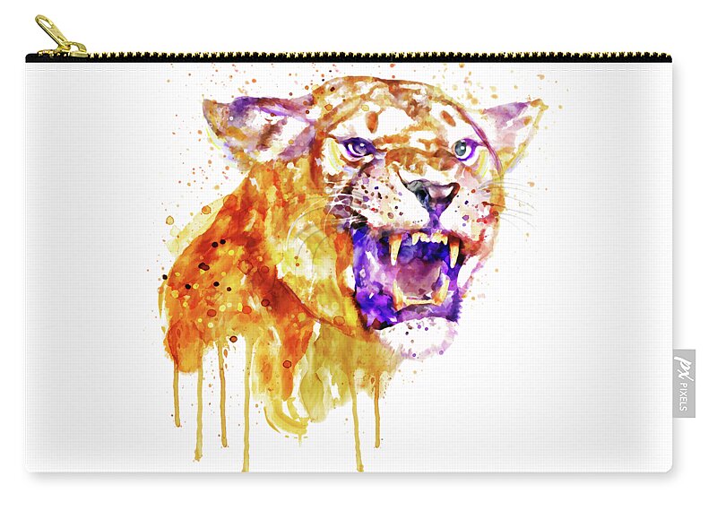 Marian Voicu Zip Pouch featuring the painting Angry Lioness by Marian Voicu