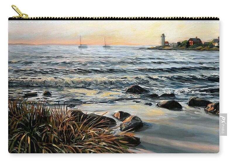 Annisquam Zip Pouch featuring the painting Annisquam Beach and Lighthouse by Eileen Patten Oliver
