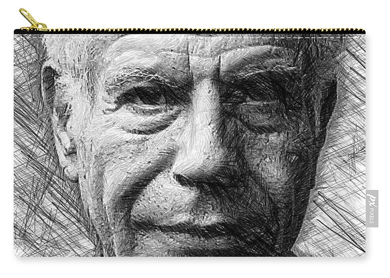 Rafael Salazar Zip Pouch featuring the drawing Anthony Bourdain - Ink Drawing by Rafael Salazar