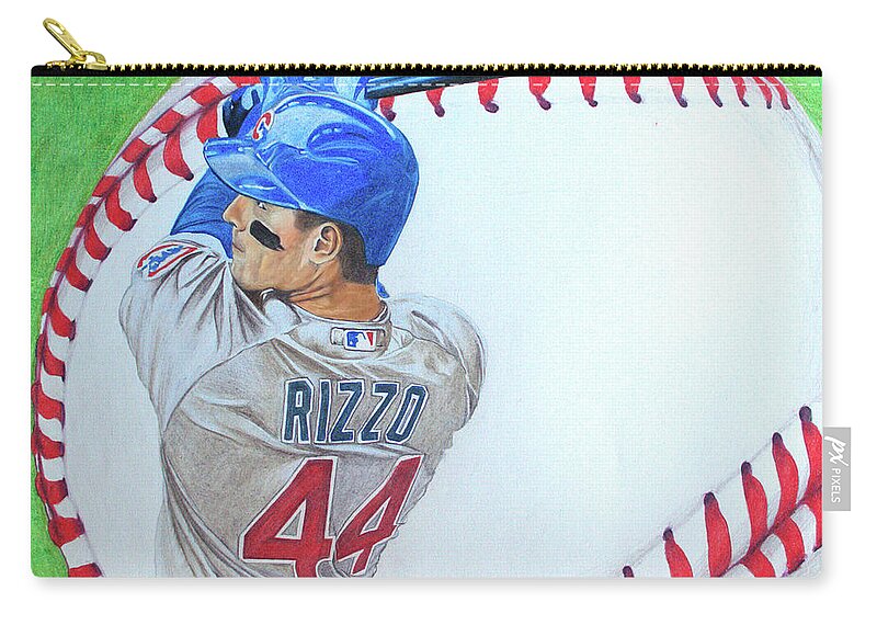 Anthony Rizzo Zip Pouch featuring the drawing Anthony Rizzo 2016 by Melissa Jacobsen