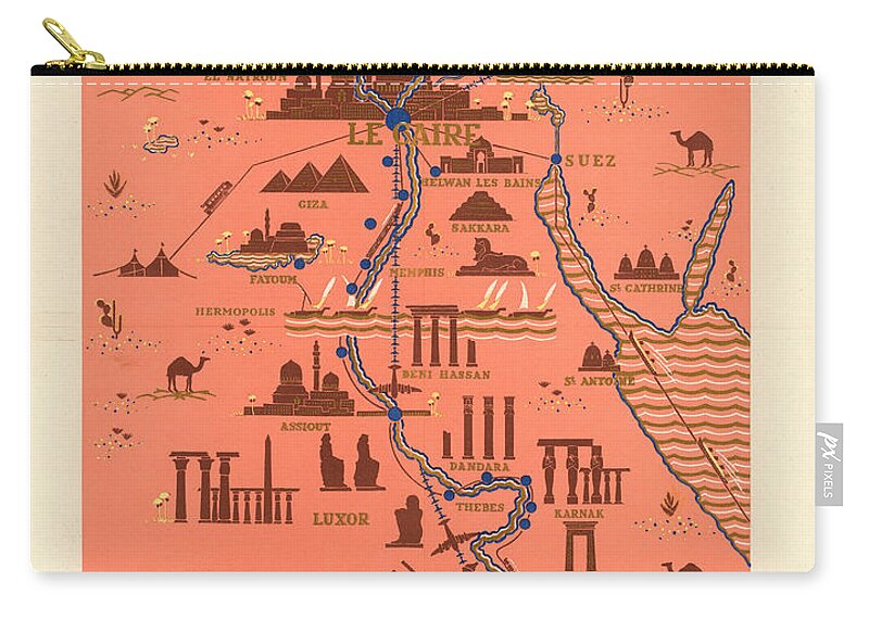 Egypt Zip Pouch featuring the mixed media Antique Illustrated Map of Egypt _ Monuments around River Nile - Cairo, Luxor, Abu Simbel by Studio Grafiikka