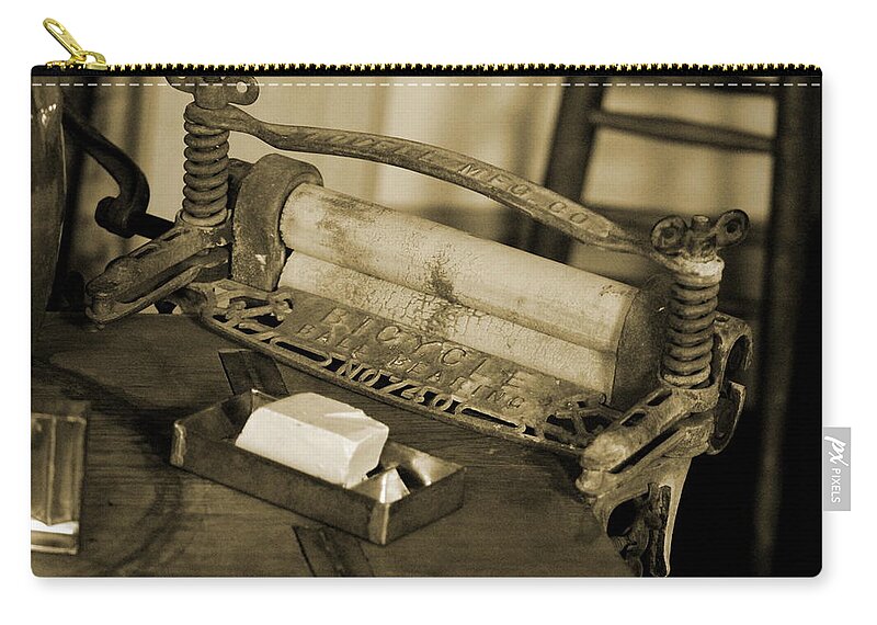 Sepia Zip Pouch featuring the photograph Antique Laundry Ringer and Handmade Lye Soap in Sepia by Colleen Cornelius