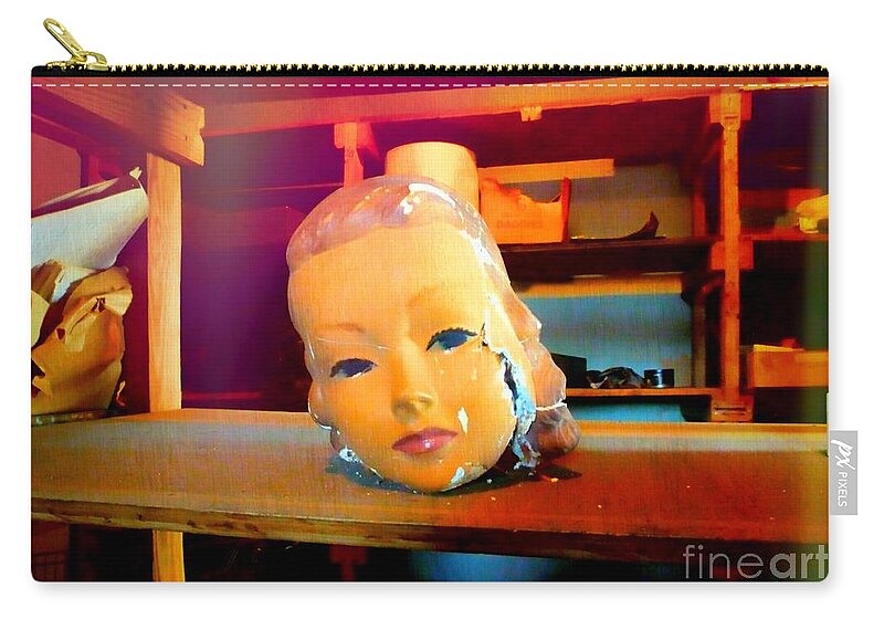 Antique Zip Pouch featuring the photograph Antique Mannequin Head In Old Storage Room by Renee Trenholm