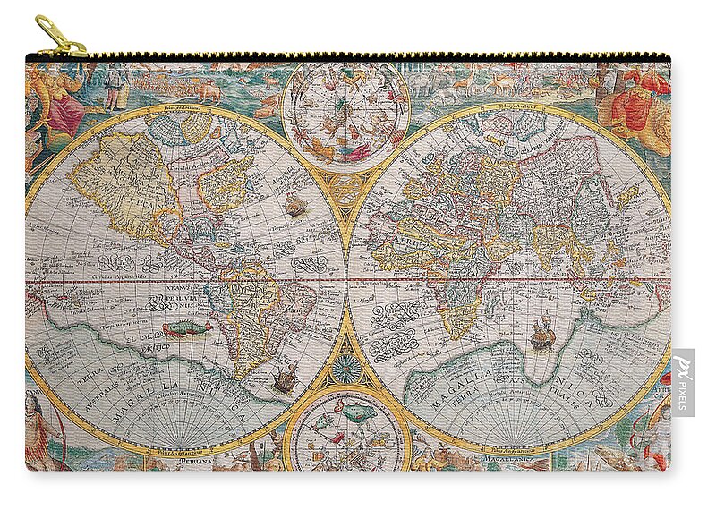 Antique Maps Of The World Zip Pouch featuring the digital art Antique Maps of the World Petrus Plancius c 1599 by Vintage Collectables
