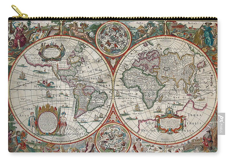 Antique World Map Zip Pouch featuring the drawing Antique Maps - Old Cartographic maps - Antique Map of the World in Latin by Studio Grafiikka
