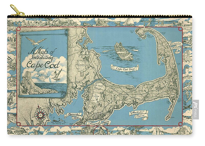Antique Map Of Cape Cod Zip Pouch featuring the drawing Antique Maps - Old Cartographic maps - Antique Map of Cape Cod, Massachusetts, 1945 by Studio Grafiikka