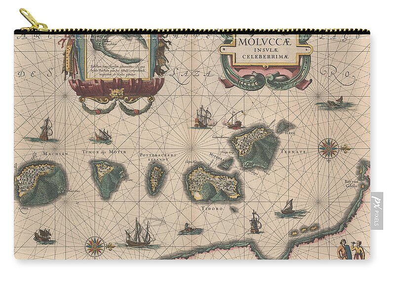 Antique Map Of Maluku Islands Zip Pouch featuring the drawing Antique Maps - Old Cartographic maps - Antique Map of The Moluccas, Indonesia - Maluku Islands, 1640 by Studio Grafiikka